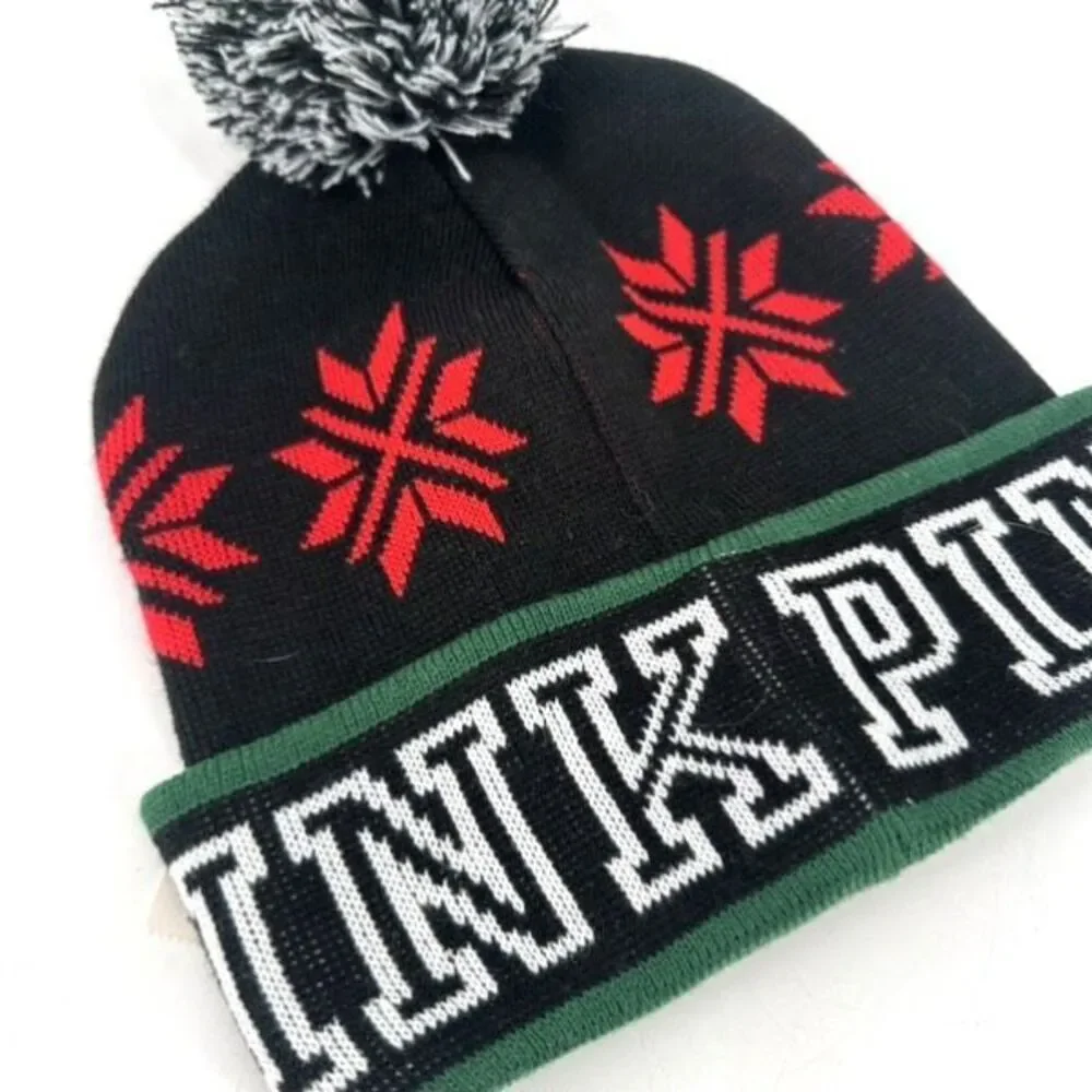 NWT VICTORIA'S‎ SECRET PINK BLACK RED & GREEN POM POM COZY BEANIE HAT ONE SIZE